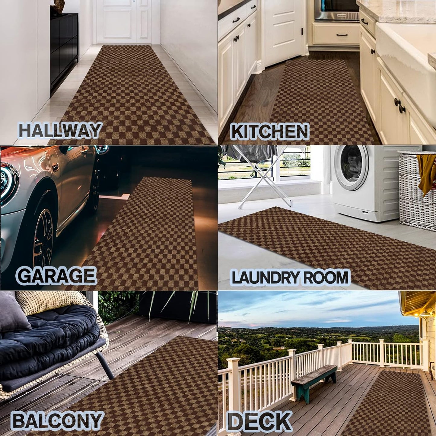 Custom Size Backed Non-Slip Area Rugs Runner, Easy Clean, Waterproof Runner Rugs for Hallway Entryway, Kitchen, Laundry, 2FT x 27FT, Brown Checkered