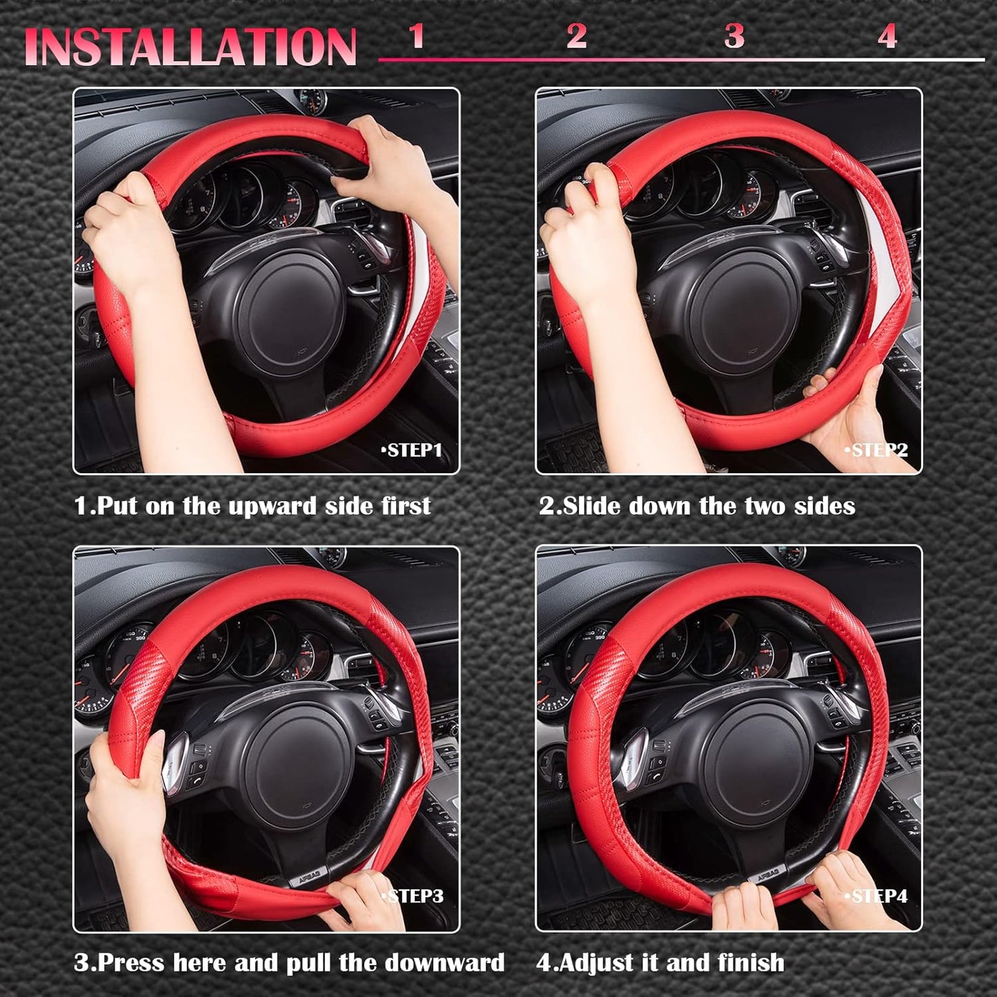 CAR PASS Line Rider Microfiber Leather Sporty Steering Wheel Cover 14.5-15 inch Universal Fits for 95% Truck,SUV,Cars, Anti-Slip Safety Comfortable Desgin (Red-Carbon Fiber)