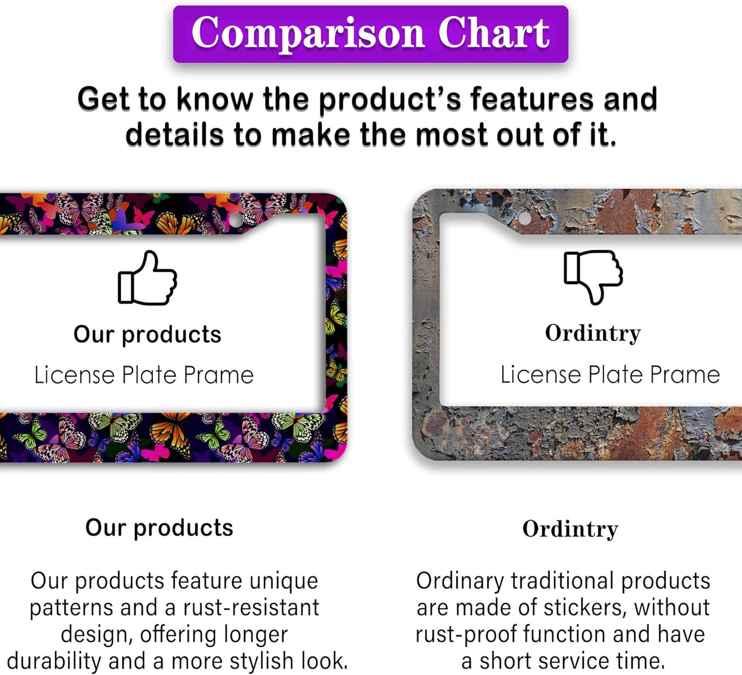 License Plate Frames Multicolor Car Plate Frame Colorful Watercolor Butterfly Aluminum Metal Car Accessory 2 Pack with Screw Covers Set