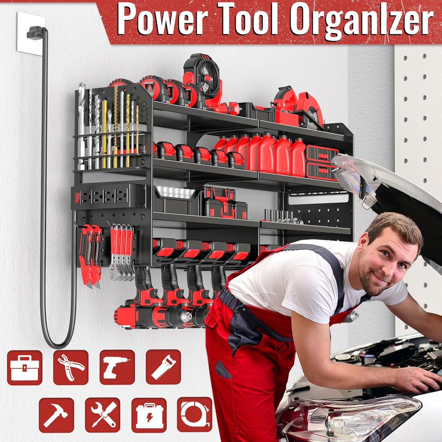 Large Power Tool Organizer Wall Mount with Charging Station, 4 Layer Heavy Duty Metal Cordless Tool Organizer, Tool Storage Rack with 8 Cordless Drill Holder Screwdriver Hammer(Black)