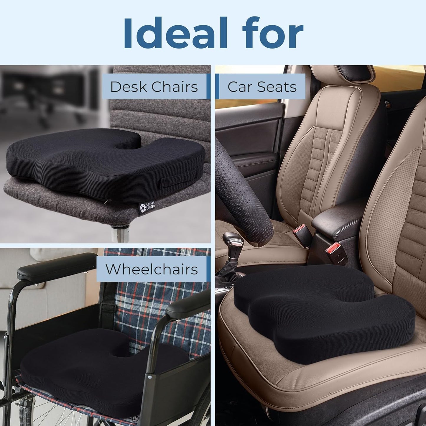 5 STARS UNITED Seat Cushion for Tailbone Pain Relief โ Large Memory Foam Lifting Pillow for Coccyx, Hip, Sciatica & Post-Surgery Recovery โ Wheelchair, Car, Desk, Gaming & Office Chairs, Dark Gray
