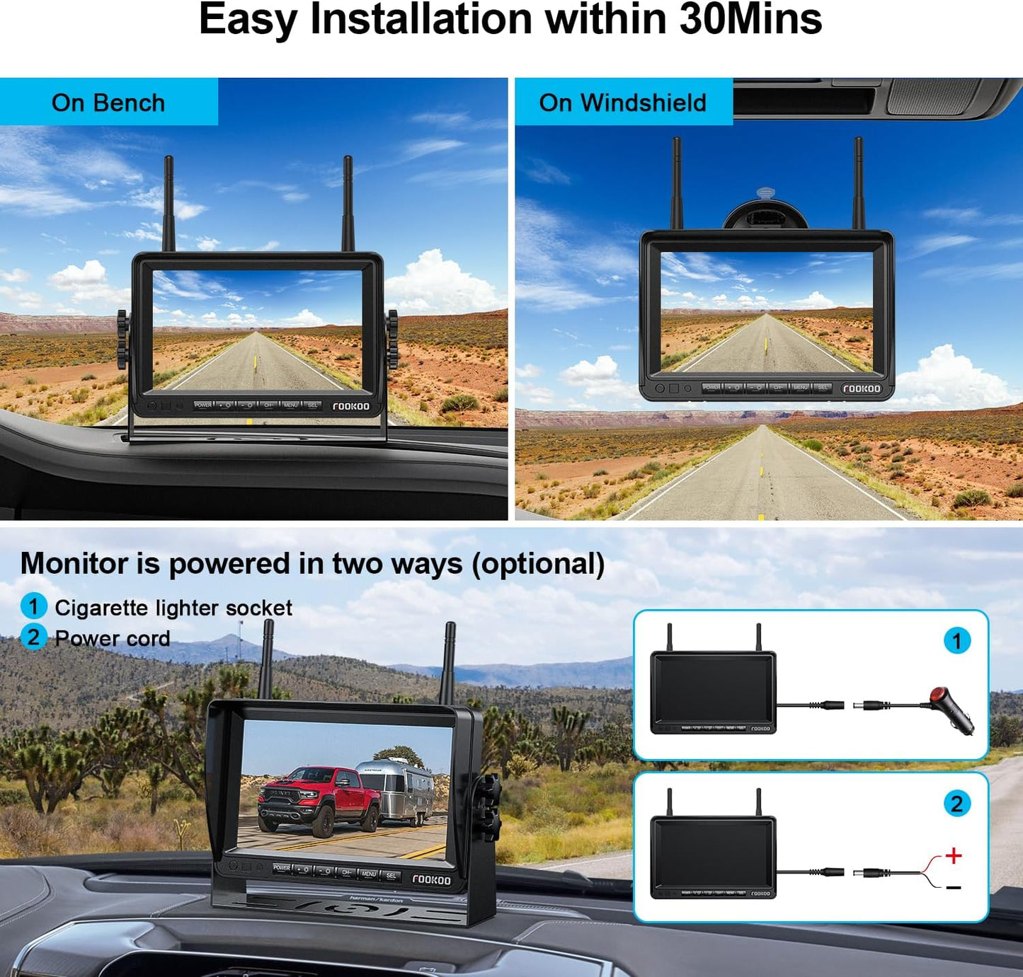 Fookoo HD 1080P 7-inch Wireless Backup Camera, 7" Split Screen Monitor + Rear View Licence Plate Camera, DIY Guide Lines Wide Angle IP69 Waterproof Easy to Install for Car Pickup Van SUV - DW7CT