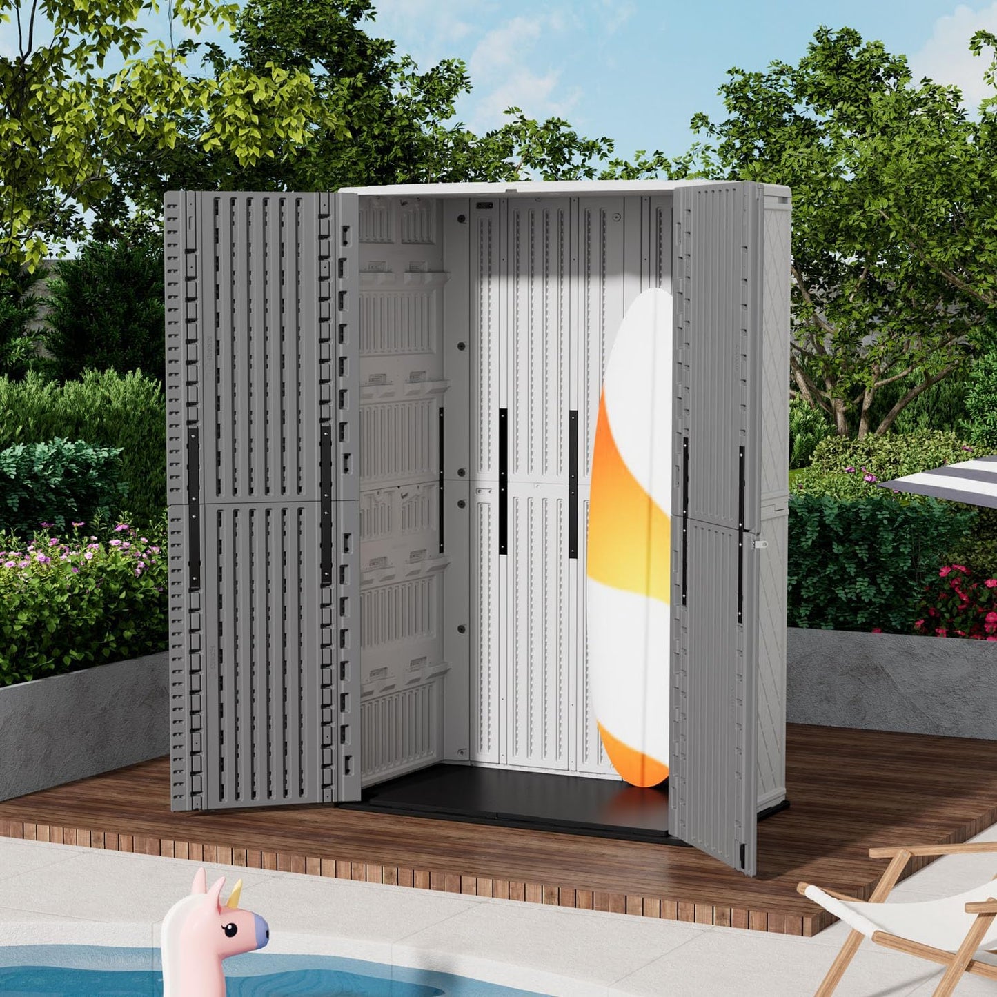 ZZM 67 Cuft Vertical Outdoor Storage Shed Diamond Texture Resin Outdoor Cabinet, 4x6 Sheds FT for Garden, Patio, Backyard, All-Weather Plastic Storage Clearance, Lockable with Floor (Grey-White)
