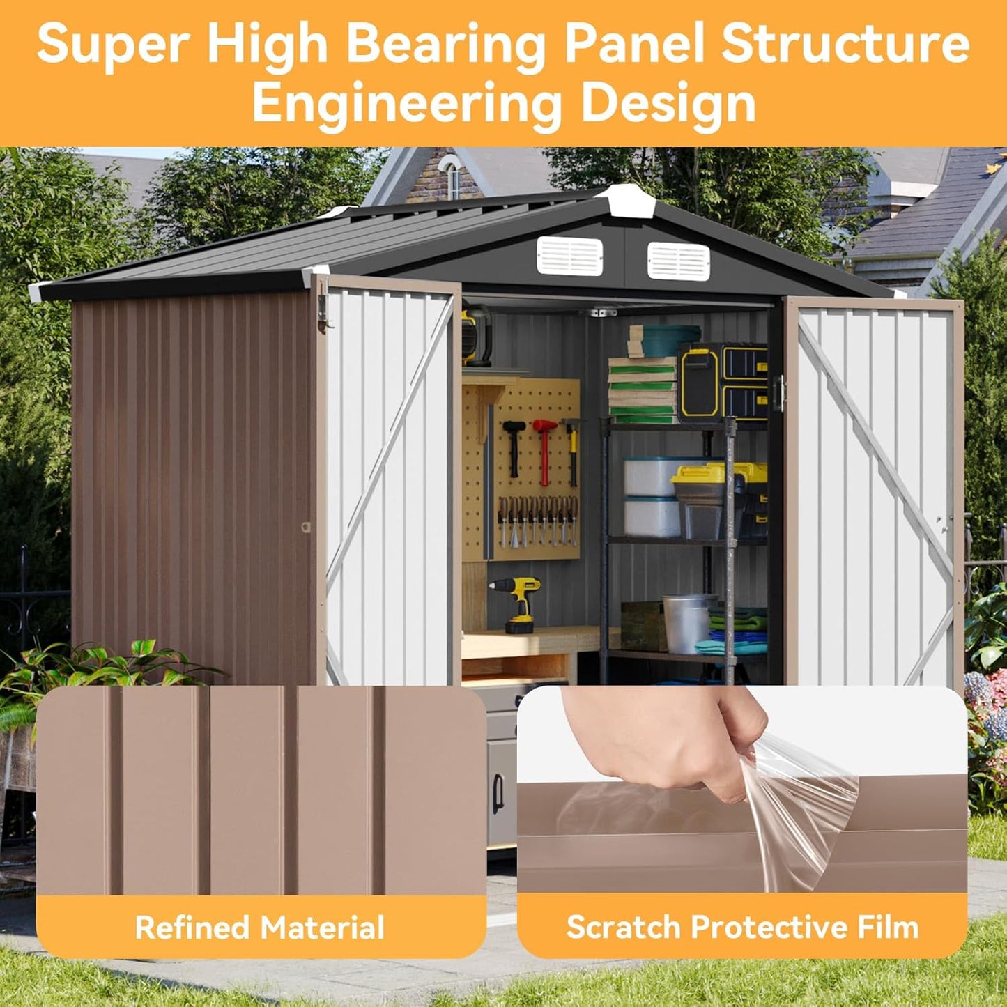 Aoxun 6x3.9 FT Shed Metal Outdoor Storage Shed Garden Shed with Lockable Doors Tool Shed Bike Shed for Backyard, Patio, Poolside (Brown)