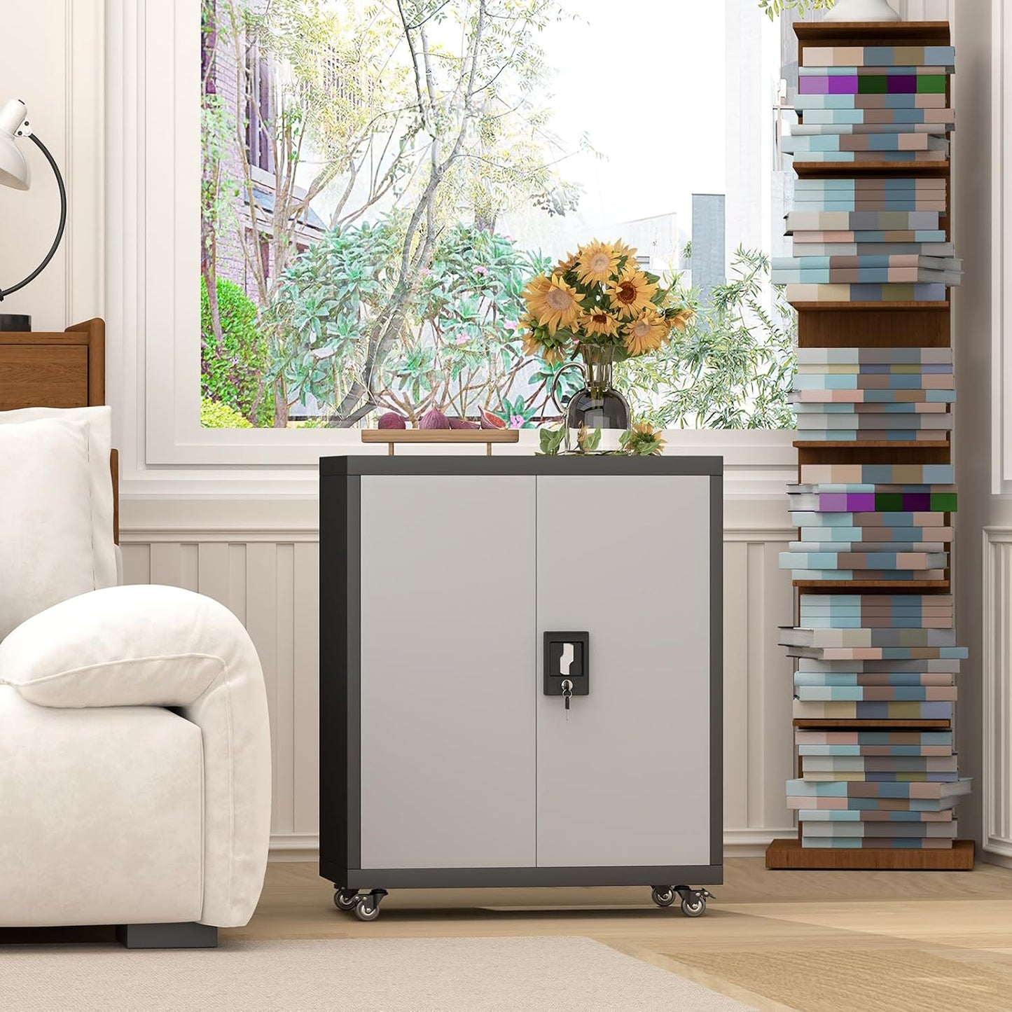 GREATMEET Garage Cabinets with Wheels,Small Storage Cabinet with Doors and Adjustable Shelves,Locking Metal Garage Storage Cabinets for Home Office Utility Room