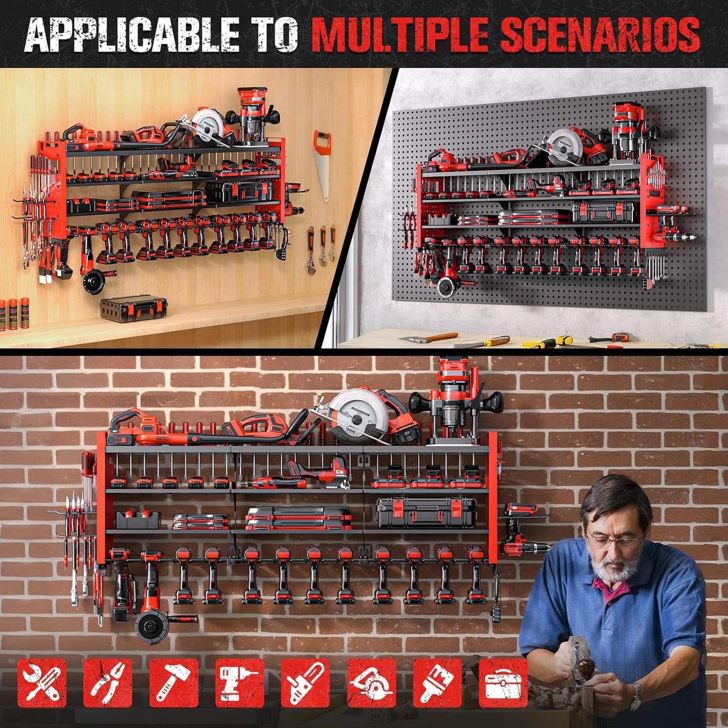 49.8" W Large Power Tool Organizer Wall Mount, Heavy Duty Tool Organizer with 14 cordless Drill Holder, 4 Layers Garage Organization and Storage Rack, Tool Rack for Garage Workshop, Red