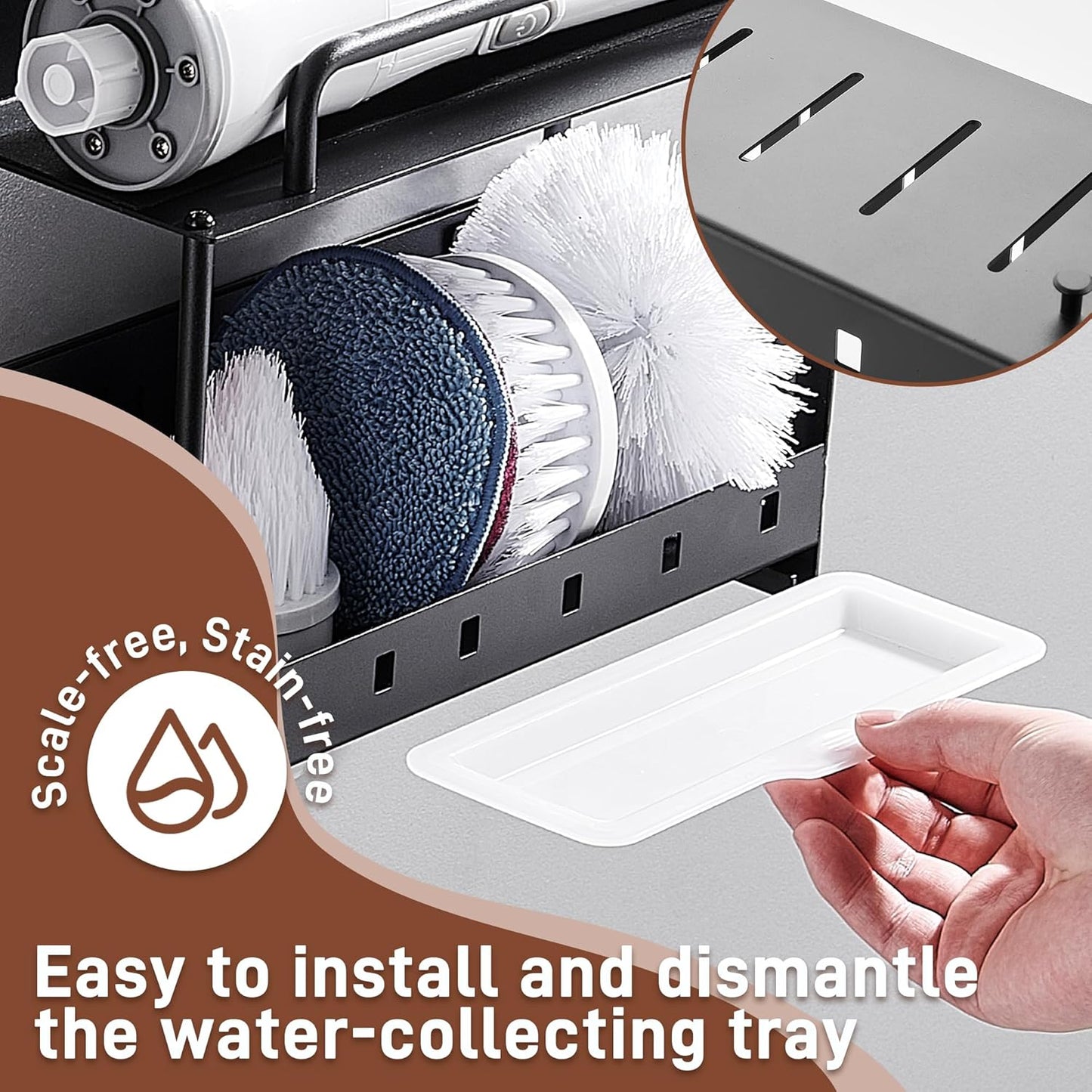 Wall-Mounted Cleaning Tool Organizer, 16.14x4.33x3.74 inches, Black Storage Rack with Drip Tray, Mop Holder with 5 Hooks