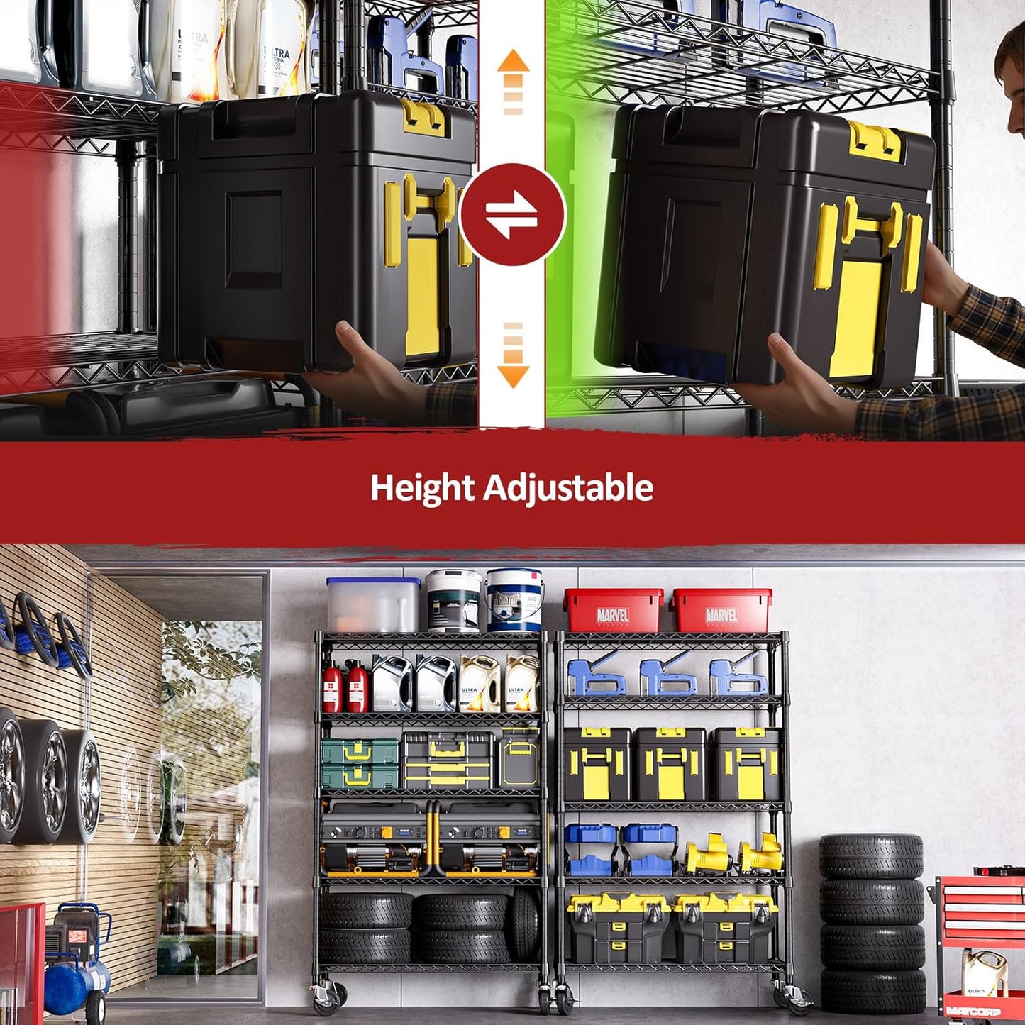 IZEUK 5-Tier Storage Shelving Unit with Wheels, Adjustable Heavy Duty Steel Wire Rack Organizer (Black, 17.7" D x 47.2" W x 76.7" H, 1750 lbs Capacity) for Garage, Kitchen, Office, Laundry, Basement