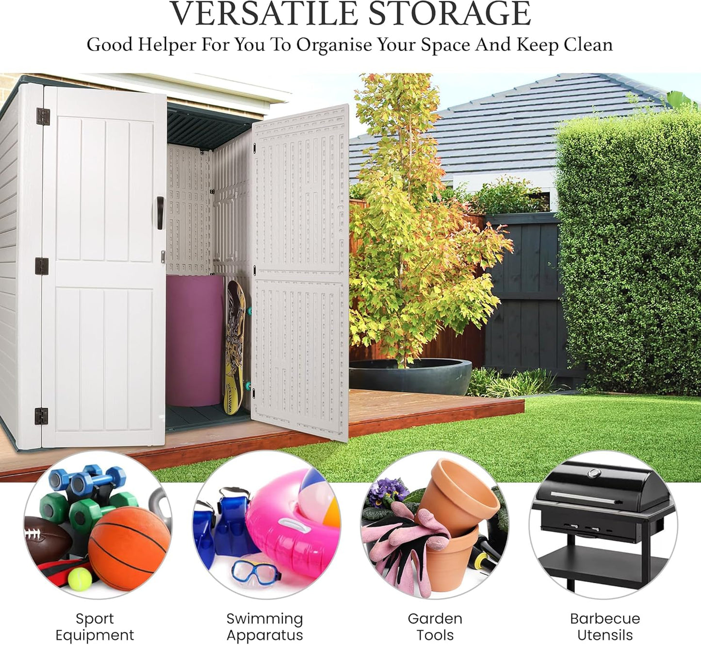 Outdoor Storage Cabinet, 52 Cu ft Resin Storage Box for Patio Garden Yard - Weatherproof Outdoor Storage Shed for Tools Pool Supplies - Lockable Vertical Storage Shed