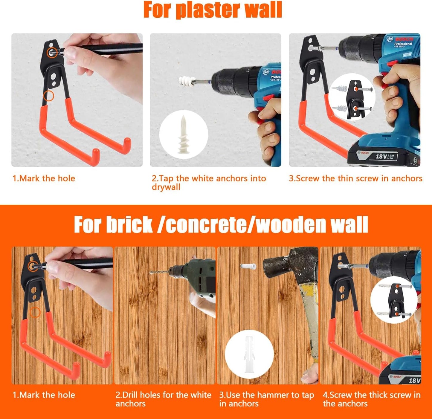 Heavy-Duty Garage Hooks -4 Pack Type medium J - Anti-Slip Coated Wall-Mounted Hooks Wall Mount Storage Organizer for Hanging Power and Garden Tools, Ladders, Hose, Bikes, Ropes, Bulk Items, and More