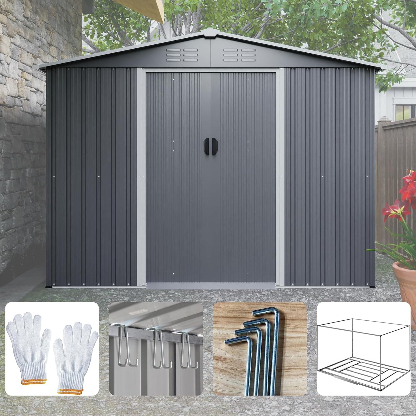 8x6 FT Outdoor Metal Storage Shed with Lockable Door & Floor Frame, Heavy-Duty Garden Tool Shed, Weatherproof Steel Utility Shed for Backyard, Patio, or Lawn Organization