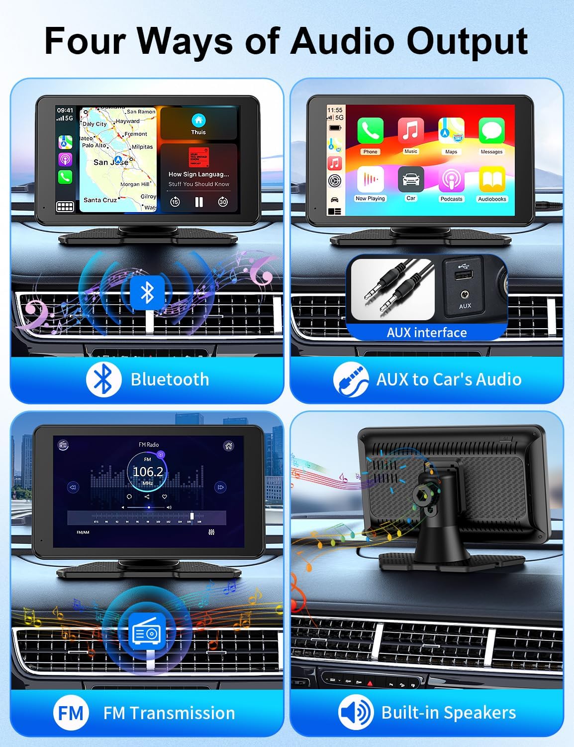 Apple Carplay Screen for Car, 7" HD Portable Car Stereo Touch Screen with Wireless Android Auto, Backup Camera with LED/Mirror Link/Voice Control/Bluetooth/GPS/AUX/FM Satellite Radio for All Vehicles