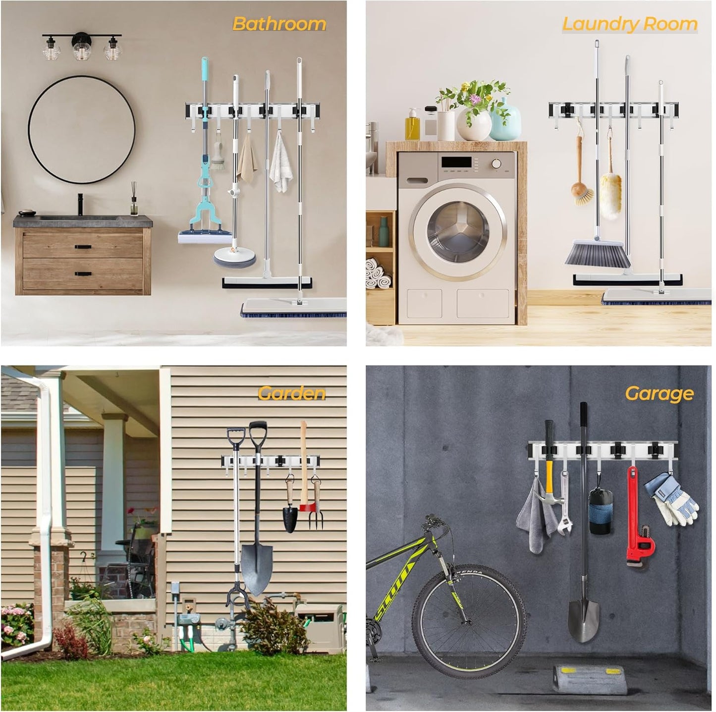 Broom Holder Wall Mount, 4 Star Roller Clips & 5 Extra Long Hooks, Thickened Backboard, Heavy Duty 55lbs Garden Tool Organizer for Mop, Rake, Shovel Storage