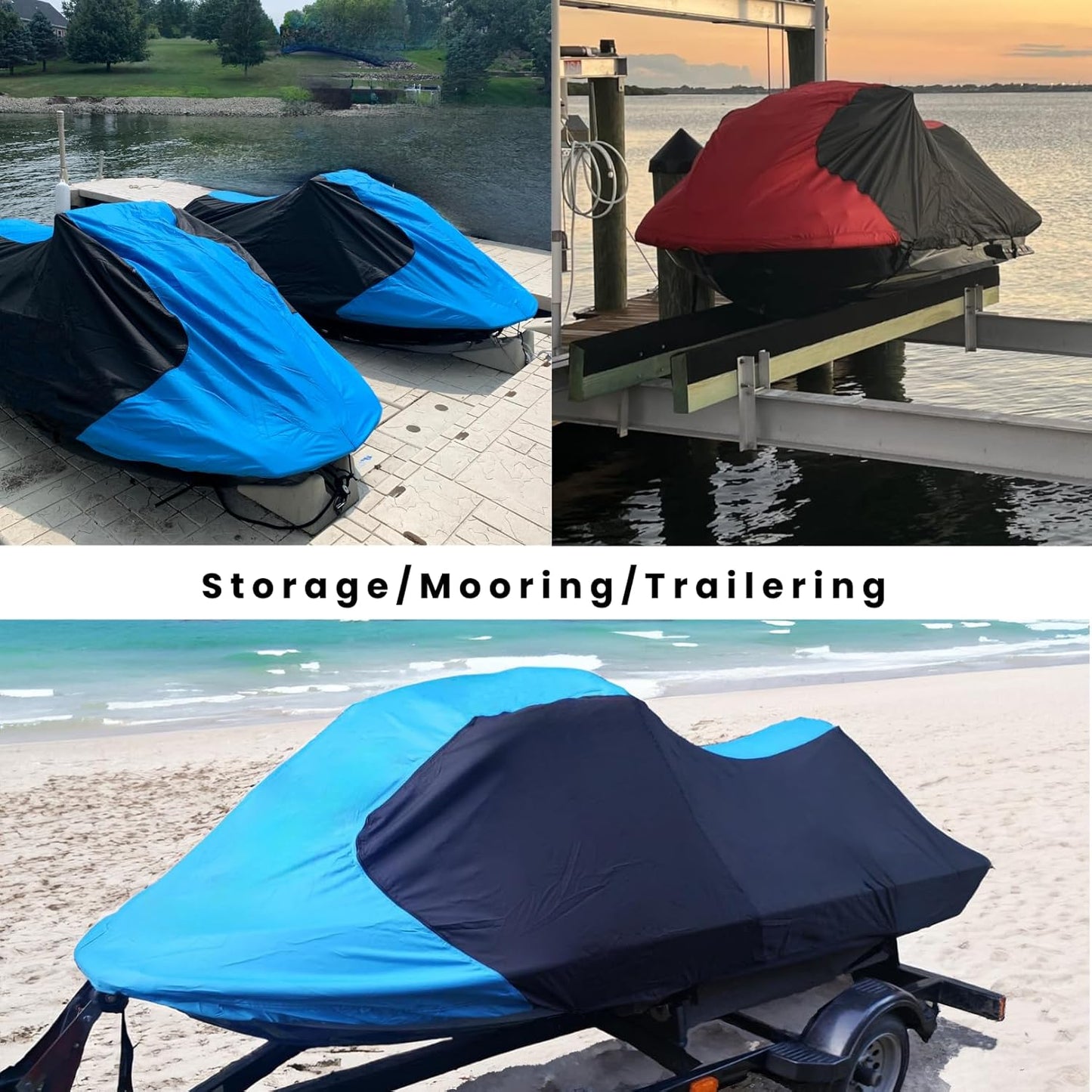 Trailerable Jet Ski Cover, Waterproof Marine Grade 600D Heavy Duty Polyester PWC Cover Burgundy/Black Fits from 136"-145" 3 Seater