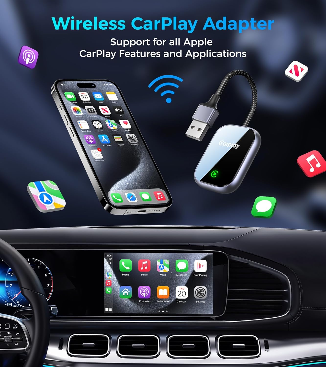 2025 Upgraded Wireless CarPlay Adapter for Apple iPhone, Converts Wired to Wireless Car Play Adapter, Auto Connect, Mini Size, Compatible with Cars from 2016 & iOS 10+