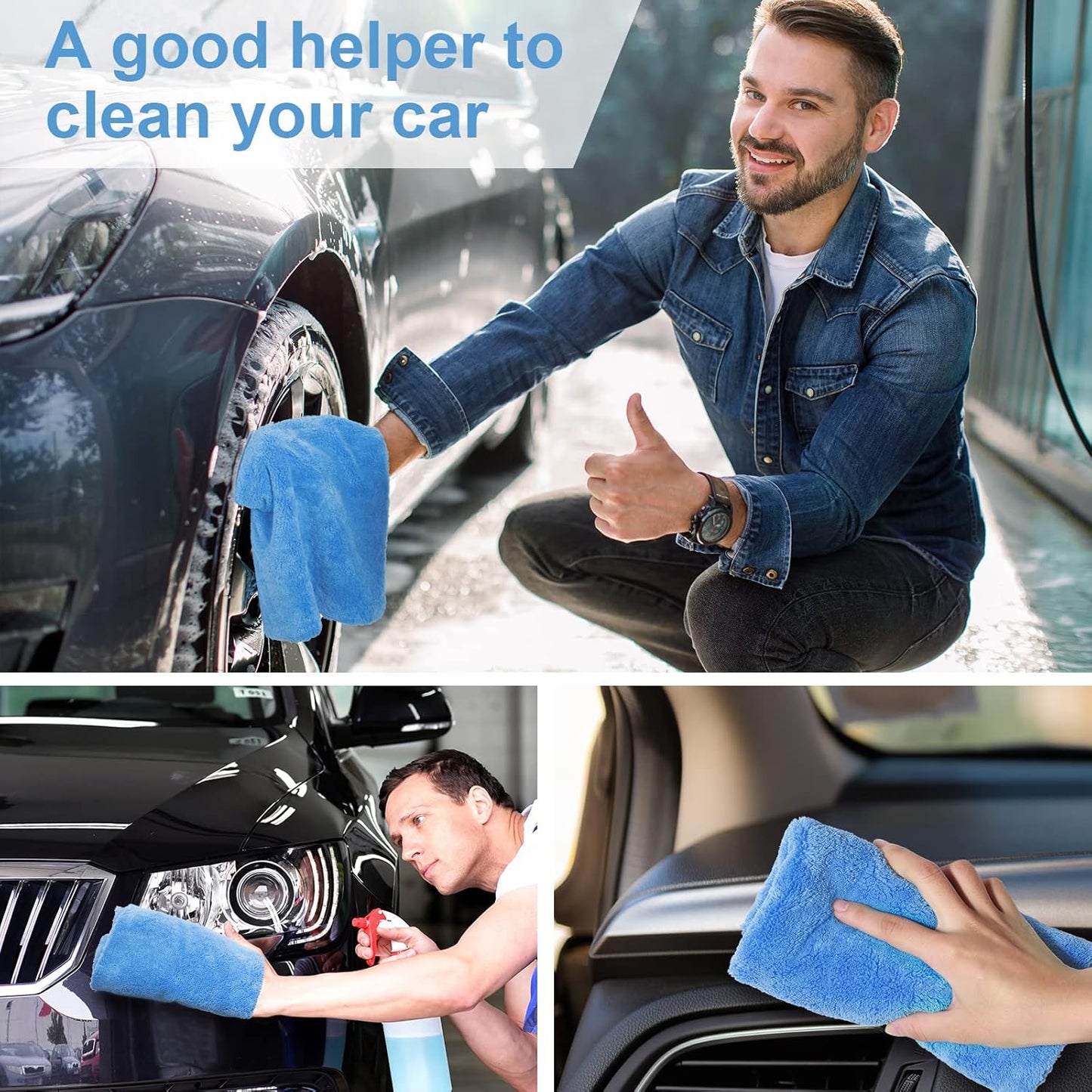 Shimeyao 30 Pcs Edgeless Microfiber Plush Towels for Cars Detailing Drying Wash Polishing Absorbent Cleaning Cloths, 500 GSM, 16 x 16 Inch(Light Blue)