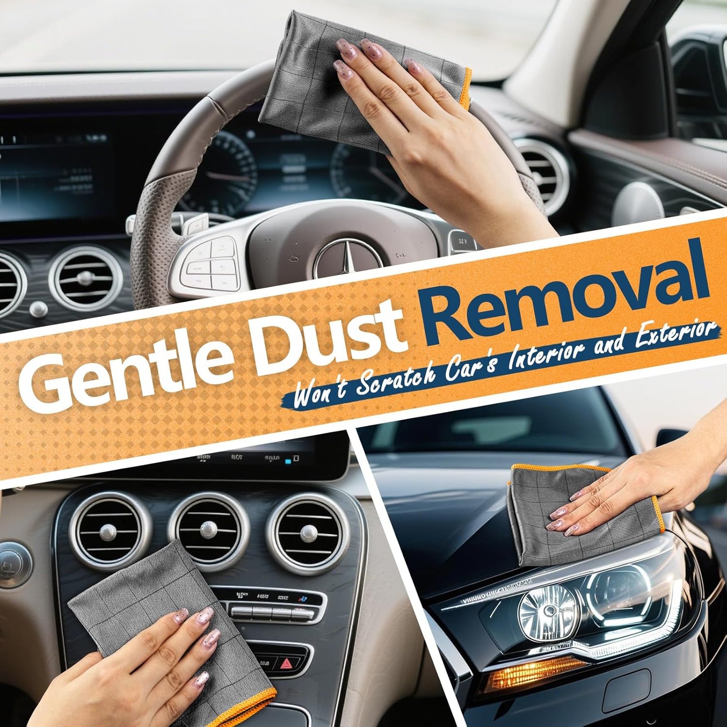 Airlab Carbon Microfiber Towels for Car Glass Window Polishing Cleaning Cloth Auto Detailing Lint Free Streak Free Drying Car Wash Towel, Pack of 3, 12" x 12", Grey-Orange