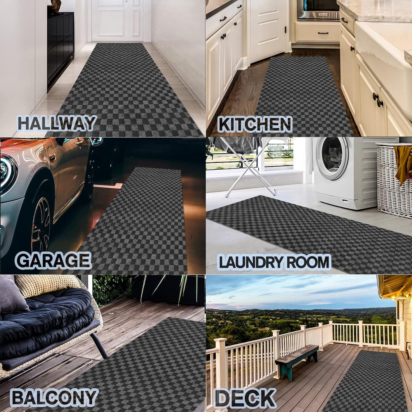 Custom Size Backed Non-Slip Area Rugs Runner, Easy Clean, Waterproof Runner Rugs for Hallway Entryway, Kitchen, Laundry, 3FT x 70FT, Gray Checkered