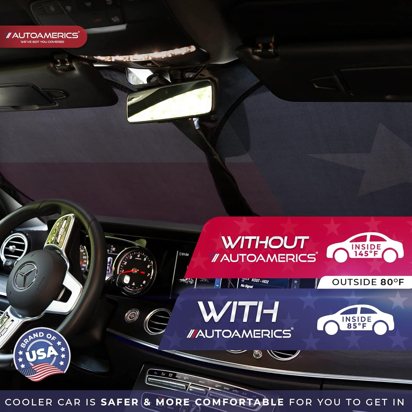 Autoamerics Truck Windshield Sun Shade with Storage Pouch & Anti-Slip Dash Pad - Foldable USA Texas Flag Design - Fits Most SUVs & Truck - Blocks UV Rays and Keeps Vehicle Cool | X-Large (66x 36 in)