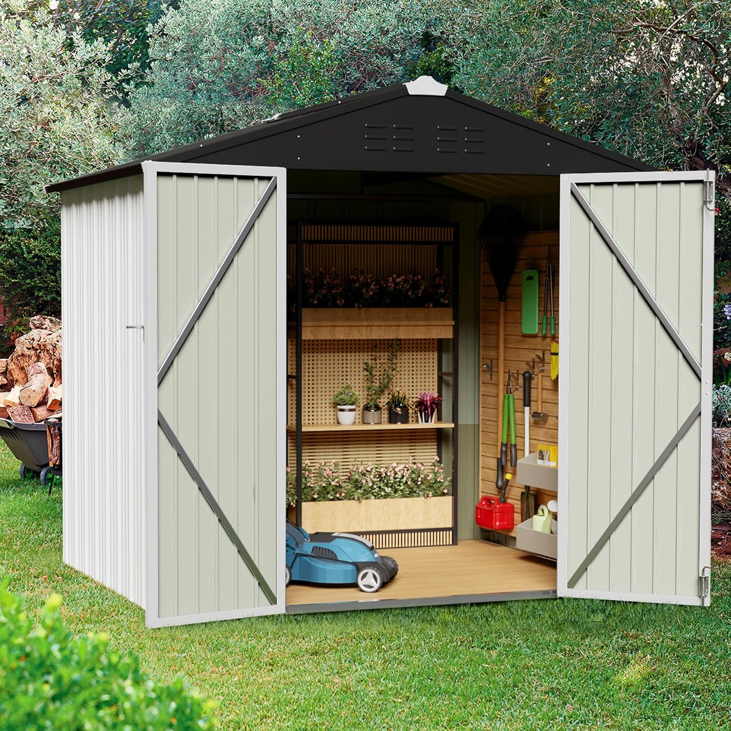 JUMMICO Metal Outdoor Storage Shed 6 x 8 FT Metal Shed with Lockable Door,Waterproof Garden Tool Shed Storage House for Backyard Patio Lawn,White