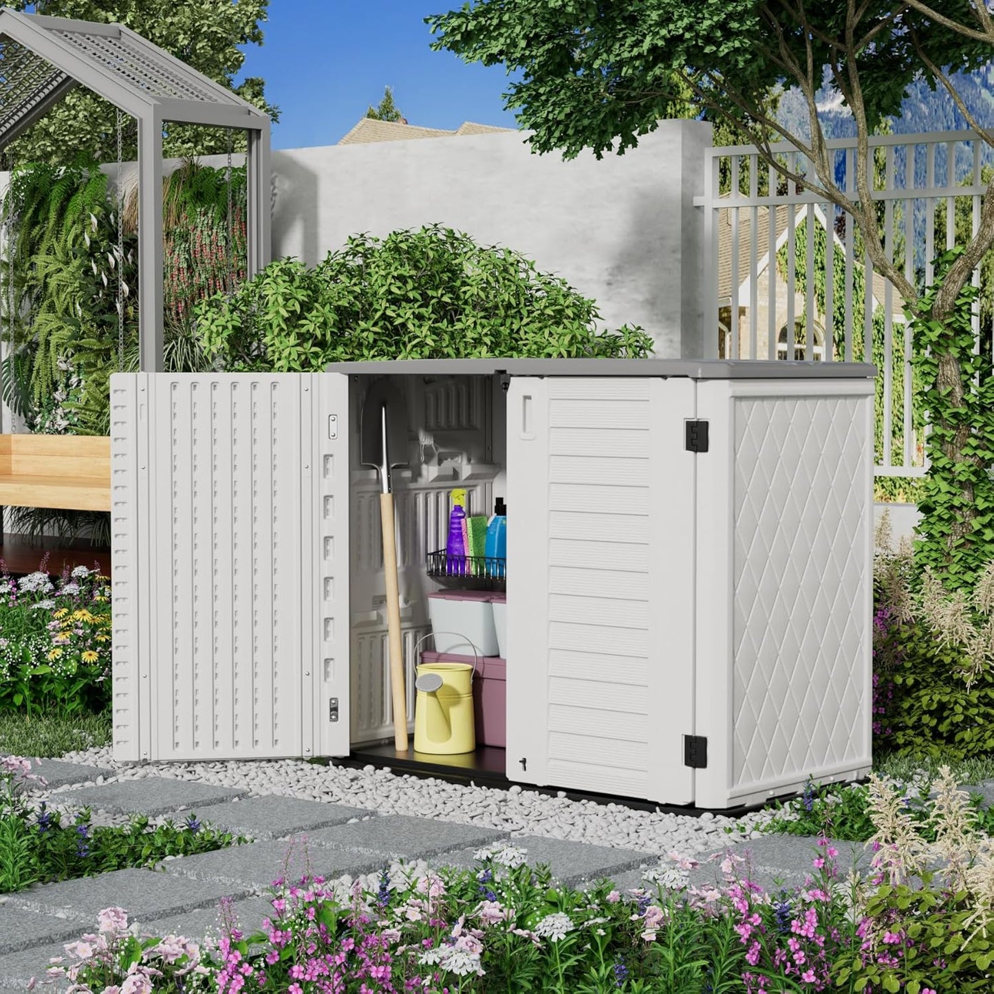 Outdoor Patio Storage Shed,Waterproof Horizontal Outdoor Storage Cabinet for Garbage Cans,Tools and Lawnmower Lockable(34 Cu.ft-Warm-White)