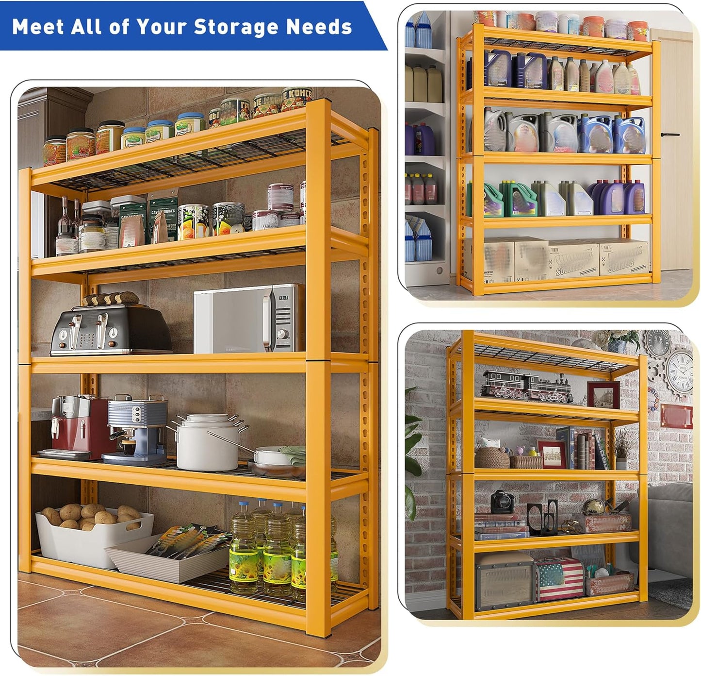 REIBII Storage Shelves 40''W Garage Shelving Heavy Duty Metal Shelving 2000LBS Metal Shelves 5 Tier Industrial Shelf for Pantry Kitchen Basement 72" H x 40''W x 17.8''D Yellow, 2 Pack