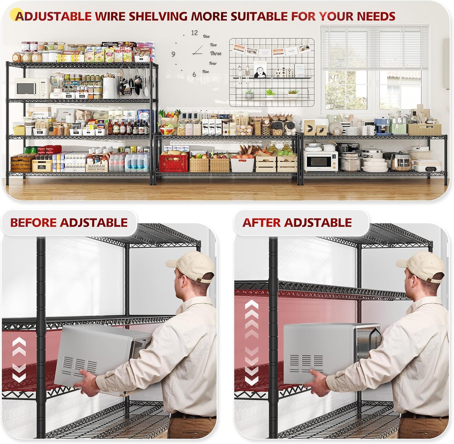 REIBII 55.5''W Heavy Duty Metal Shelves with Wheels - 4PCS Adjustable Garage Storage Rack, 75.6" H X 55.5''W X 24" D