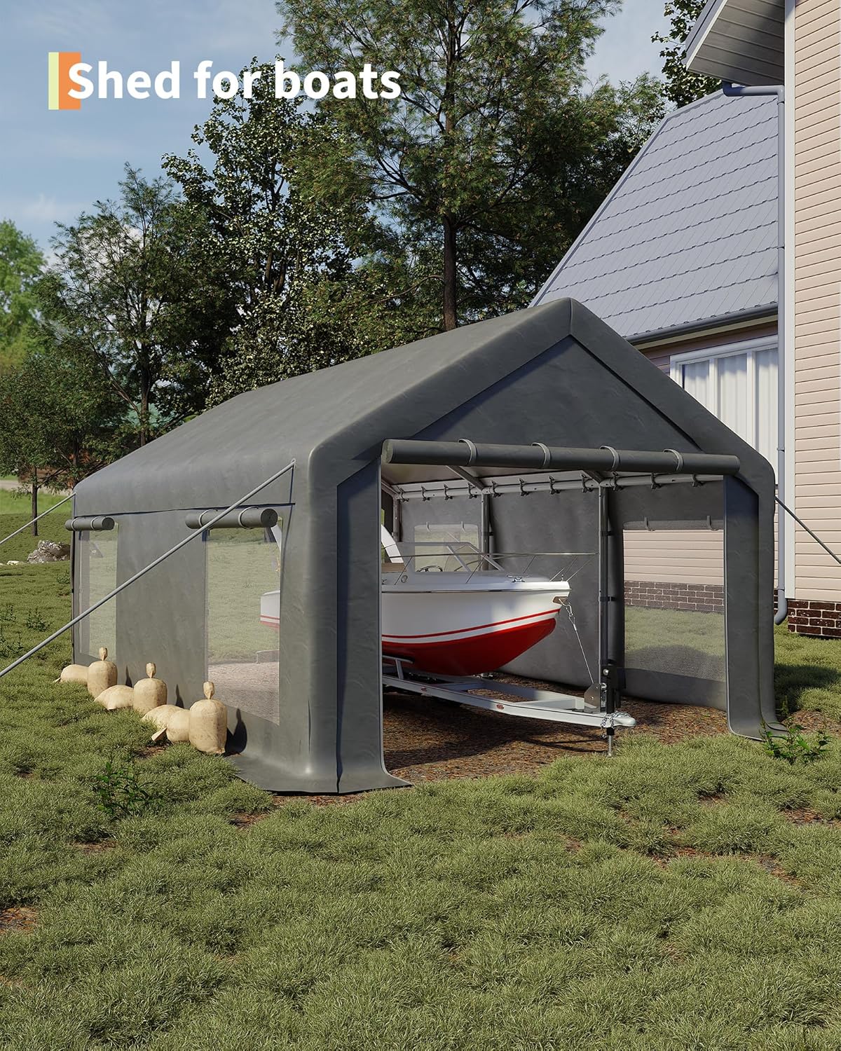 12x20 Ft Carport, Car Port with 200g PE Tarp, Roll-Up Doors, and 4 Windows, for Full-Size Pickups, Bass Boats, Tractors, and SUVs, Gray