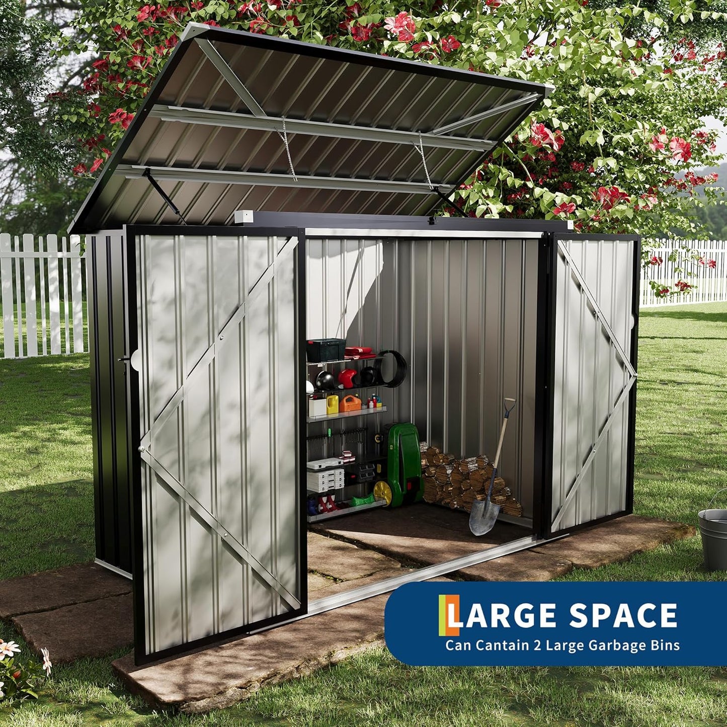 Outdoor Trash Can Storage 2 Binsgarbage Bin Storage Shed, 3x6 FT Garbage Bin Storage Shed with Chain Lid, Metal Outdoor Storage for Garden, Backyard, Lawn and Patio