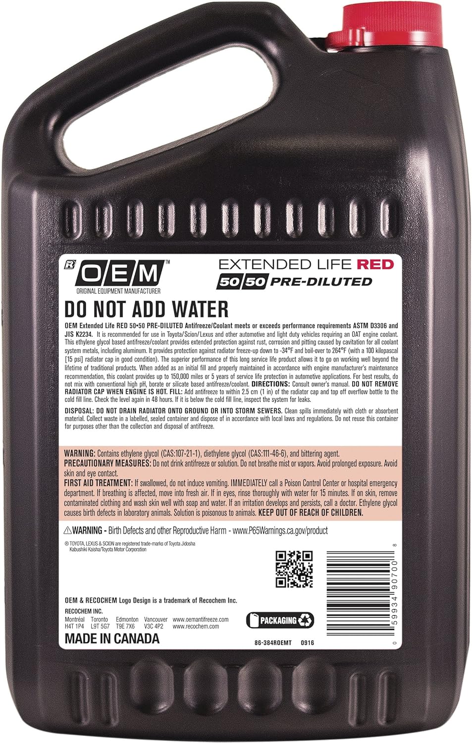 OEM Recochem Asian Vehicles Premium Antifreeze 50/50 Extended Life Coolant RED, 1 Gallon, 1 Pack