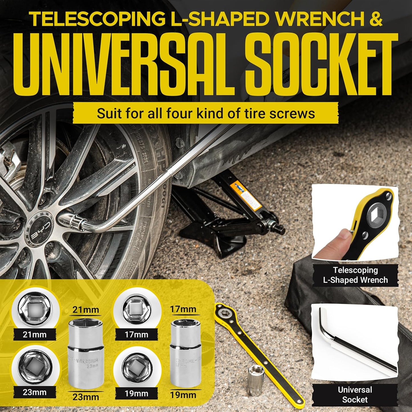 Car Jack Kit/ 2.5 Ton/5512 Pounds Universal Scissor Jack Kit with Rubber Piece, Designed for Sedan, Coupe, SUV