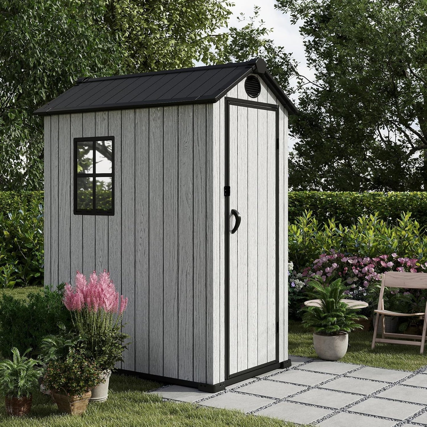 3.4x5.3 FT Resin Outdoor Storage Shed, 125 Cuft Garden Tool Sheds & Outdoor Storage Plastic Shed with Floor, 7FT Tall Backyard Outside Lawn Mower Storage Shed with Side Window, Cemented Grey