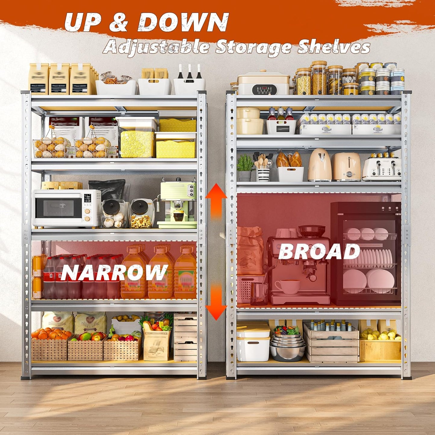 REIBII Garage Shelving, 5 Tier Storage Shelves Load 2020LBS, Adjustable Garage Shelves Heavy Duty, Metal Shelving Unit with Waterproof Columns for Warehouse, 35.5" W x 11.9" D x 72" H, Galvanized