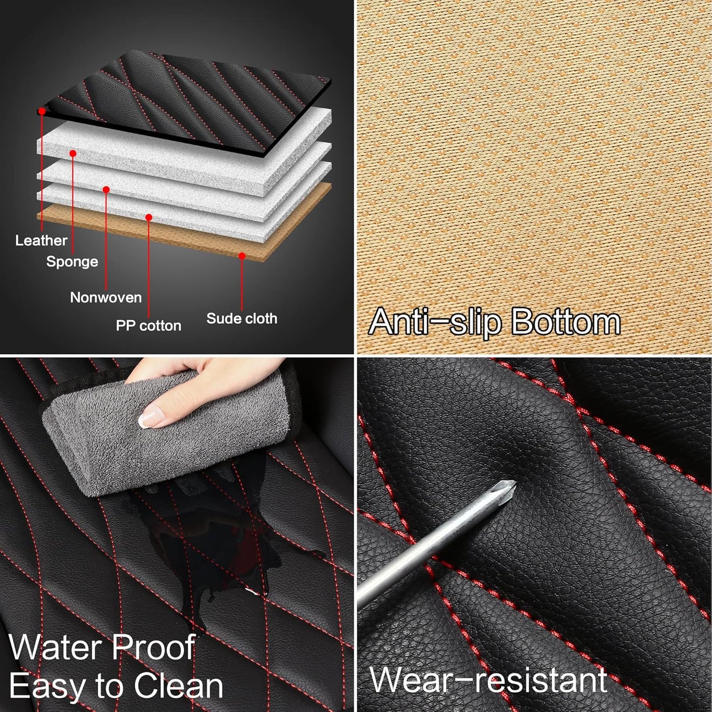 Pariitadin Leather Car Seat Covers Full Pair, Waterproof Faux Leather Seat Covers for Cars, Non-Slip Car Interior Covers Universal Fit for Most Cars Sedans Trucks SUVs, Black/Red Line