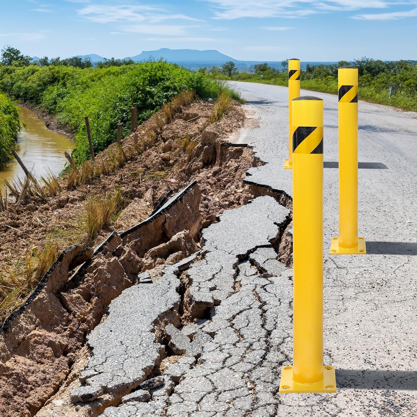 BISupply Safety Bollard Post Parking Barrier 6 Pack - 42in Yellow Pipe Bolt Down Bollard for Garage Lot