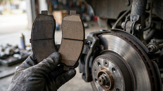 Worn and new brake pads compared next to a brake rotor and caliper