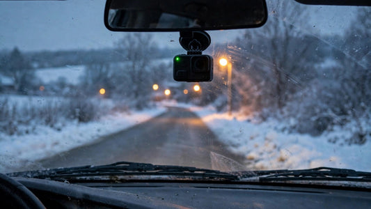 Dash camera mounted on a car windshield on a snowy winter evening