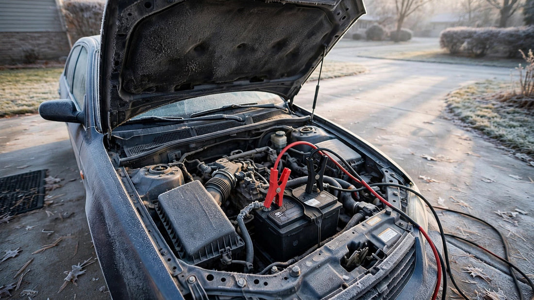 Car with hood open on a frosty winter morning, jumper cables attached to the battery