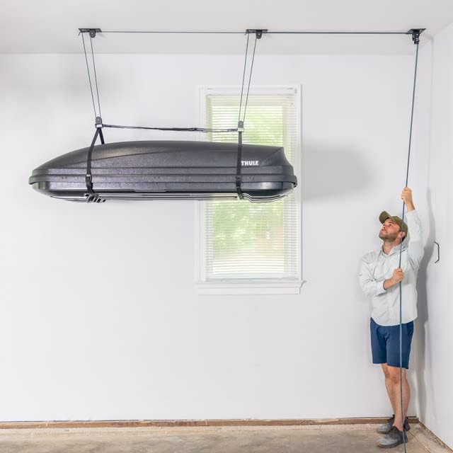 Teal Triangle Ceiling Storage Hoist for Cargo Box - Heavy Duty Garage Storage Lift - Garage Pulley Lift System Holds 150 lbs and Fits 8-10 ft Tall Garage Ceilings