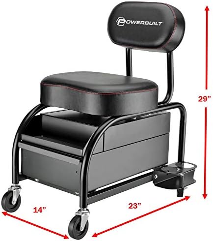 Powerbuilt Professional Car Detailers Mechanics Roller Seat, Heavy Duty Garage Stool with Thick Padded Seat and Backrest, 2 Sliding Storage Drawers, Tool Tray, Can Holders, 3in. Swivel Casters–240299