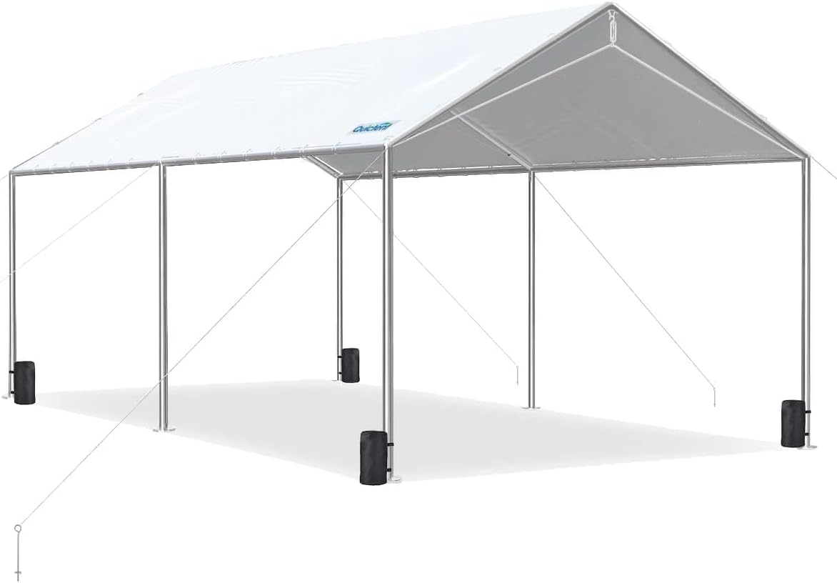 Quictent 10x20 ft Heavy Duty Car Canopy Galvanized Frame Carport Outdoor Party Tent Boat Shelter with 3 Reinforced Steel Cables - White
