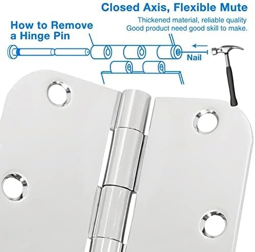 12 Pack Rounded Door Hinges 3.5 inch X 3-1/2" 5/8 Radius, Polished Chrome 3 ½ Inch Bright Sliver Interior Standard Hinge for Wood/French Style Clear Glass Doors Easy Install Hardware Accessories