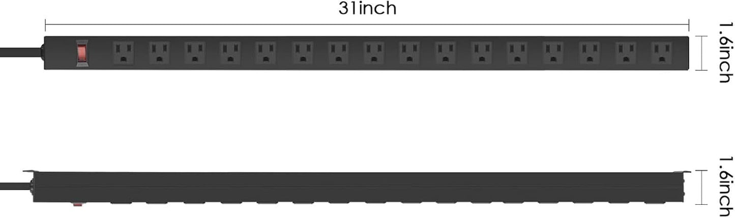 HHSOET 16-Outlet Metal Wall Mount Power Strip, 15 ft 14AWG Power Cord, 15A 125V 1875W, Black