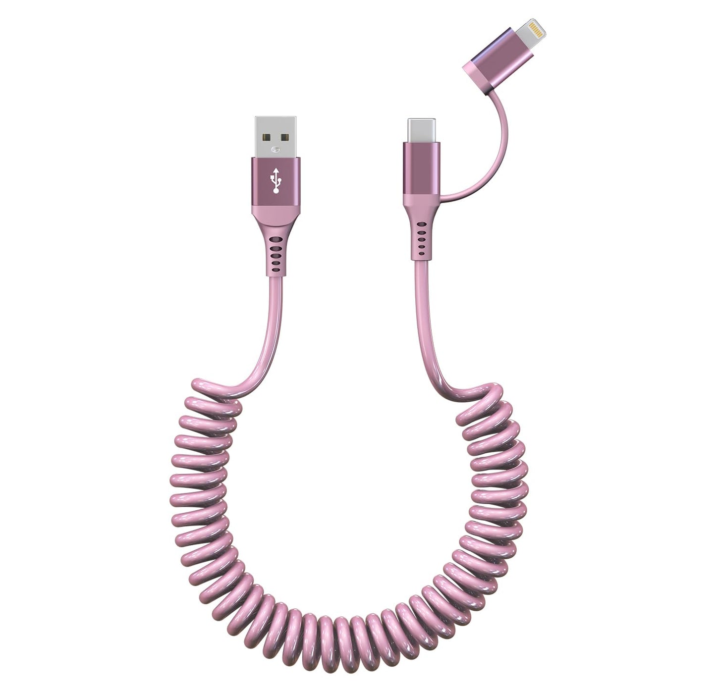 USB to USB C and Lightning Pink Car Charger Cable - Pink iPhone Charger Coiled Lightning Cable Type-C Charging Cord Support Apple Carplay & Android Auto & Data, for iPhone 16 15 14 13 12 11 Android