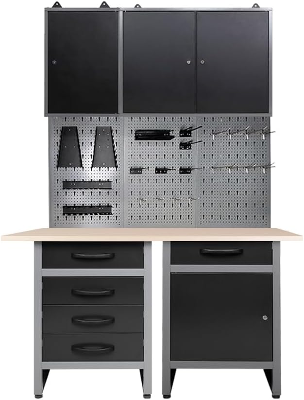 JZD Steel Workbench Garage Storage Cabinet Set with Wood Worktop