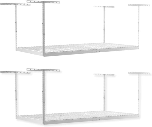 SafeRacks Overhead Garage Storage Rack, Heavy Duty Racks for Garage w/ 600 lb Capacity, Easy Garage Storage Adjustable Storage Rack Ceiling Mount Storage for Garage 4x8 White, 24"-45" (2 Pack)