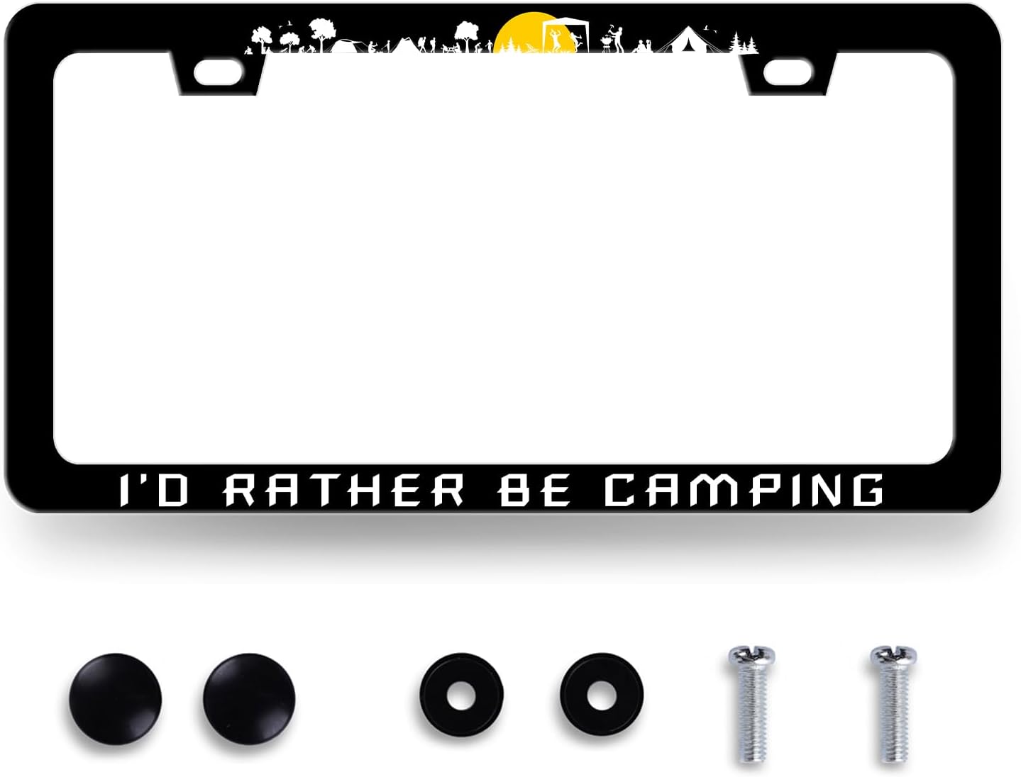 I'd Rather be Camping License Plate Frame Mountain Camper License Plate Holder for Personalized Car Decorative Stainless Steel Funny License Plate Camp Auto Part with Screw 12.2"x6.2"