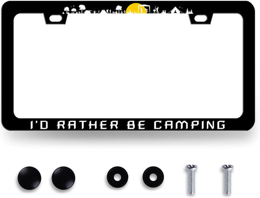 I'd Rather be Camping License Plate Frame Mountain Camper License Plate Holder for Personalized Car Decorative Stainless Steel Funny License Plate Camp Auto Part with Screw 12.2"x6.2"