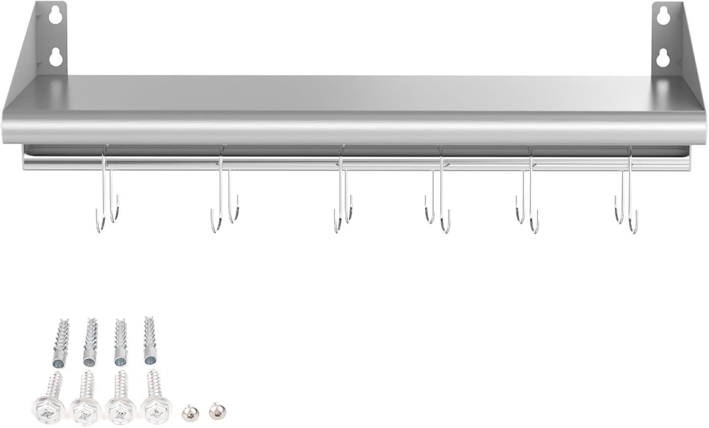 Skyflame 12" x 36" Wall Shelf with 6 Hanging Hooks for Storage, Stainless Steel Commercial Shelving with Side Guards for Bar, Utility Room, Kitchen, Garage
