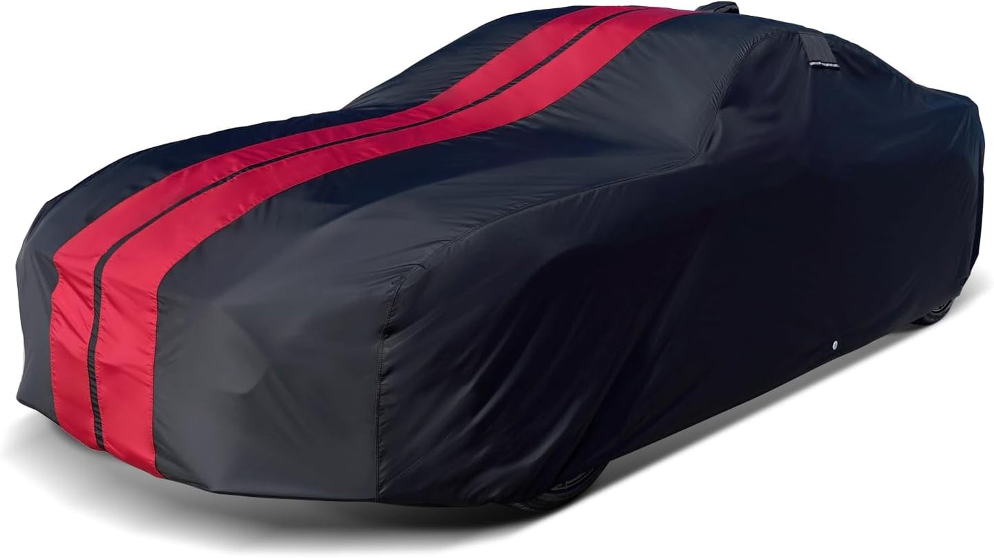 iCarCover Custom Car Cover for Pontiac Fiero SE, Sport Notchback (1984-1988) Waterproof All-Weather Rain Snow UV Sun Protector Full Exterior Indoor Outdoor Car Cover (Stripe - Black/Red)